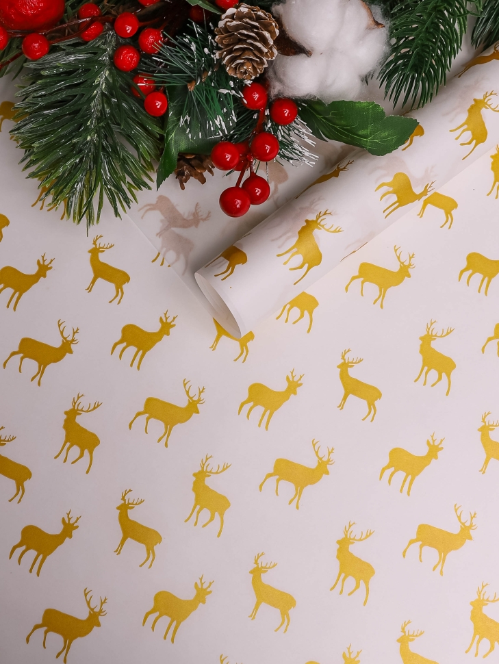 Бумага белая крафт 50г/м2, 70см x 10м, Северные олени, золото