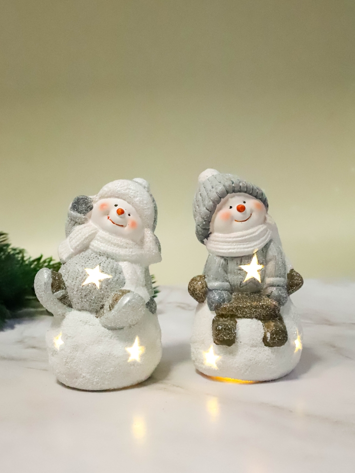 Фигурка декоративная НГ 8,8х8,8х14,6 с подсветкой Снеговик белый/серый микс Фигурка декоративная НГ 8,8х8,8х14,6 с подсветкой Снеговик белый/серый микс