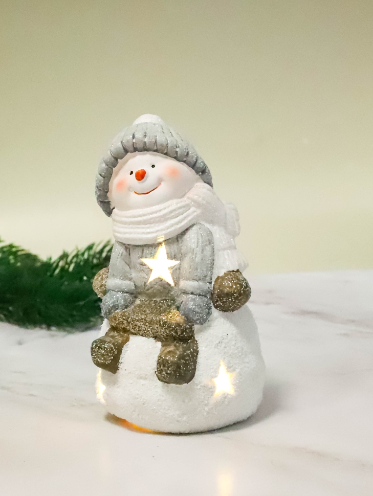 Фигурка декоративная НГ 8,8х8,8х14,6 с подсветкой Снеговик белый/серый микс Фигурка декоративная НГ 8,8х8,8х14,6 с подсветкой Снеговик белый/серый микс