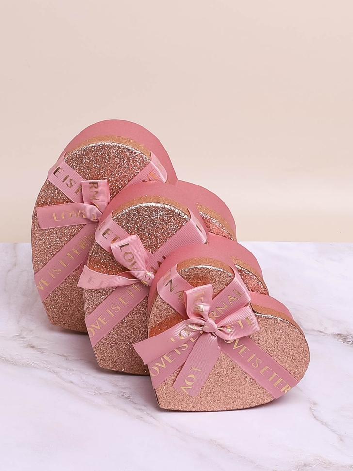 Коробка Сердце набор из 3шт 23,5х22х10,5см с бантом розовый