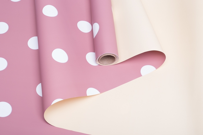 Пленка матовая 65мкм 58см х 10м горох белый на розовом пыльном/желтый