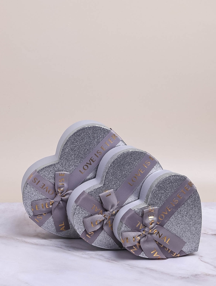 Коробка Сердце набор из 3шт 23,5х22х10,5см с бантом серебро