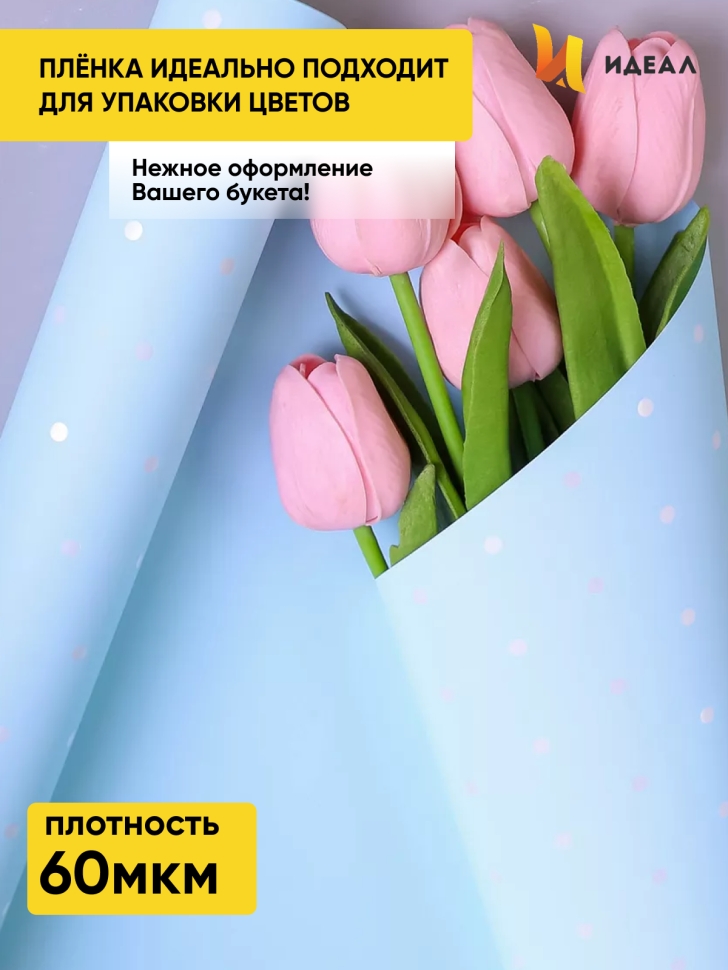 Пленка матовая 60мкм 58см х 10м РЦ горошек белый на голубом Пленка матовая 60мкм 58см х 10м РЦ горошек белый на голубом