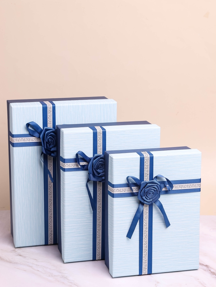 Коробка прямоугольник набор из  3шт 29х21х9см крышка голубая/синий,бант роза синий