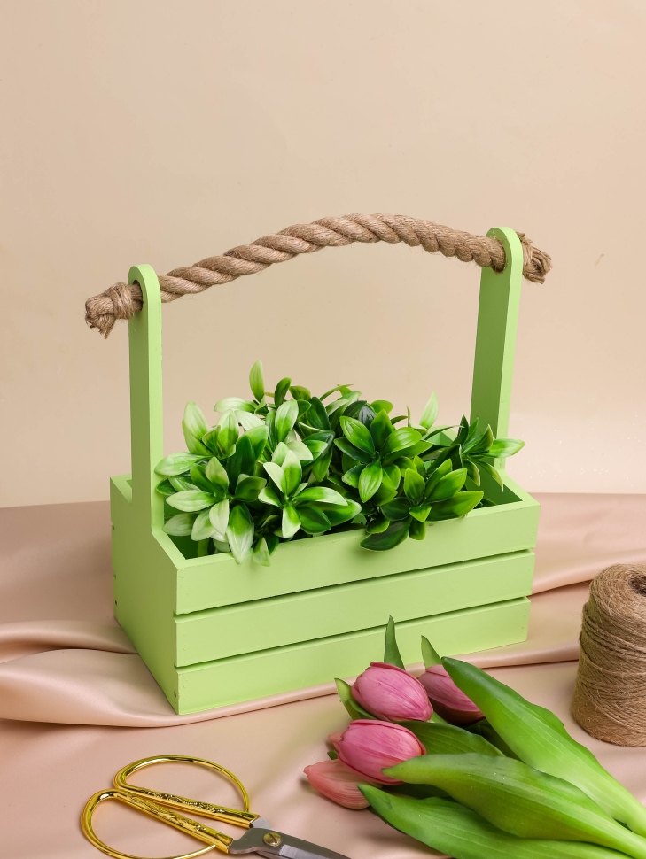 Ящик деревянный с канатом №20 25,5х13хh11 h27см зеленый