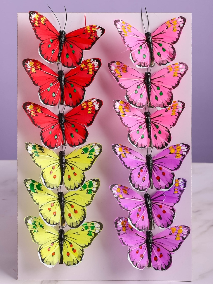 Бабочки  8см на прищепке, 12шт. цветные HHT027