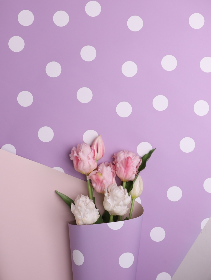 Пленка матовая 65мкм 58см х 10м горох белый на сиреневом/крем