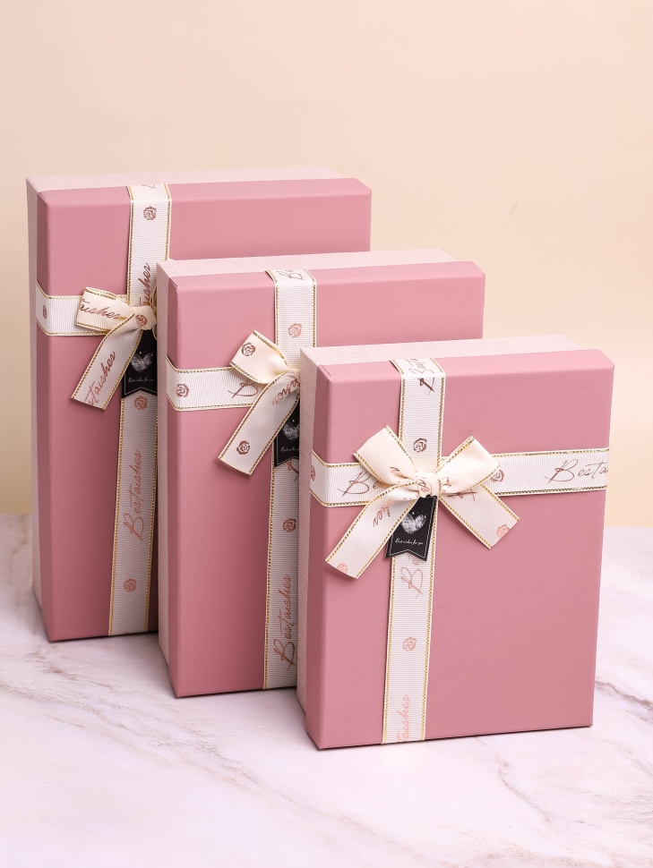 Коробка прямоугольник набор из  3шт 29х21х9см с бантом глициния/бежевый