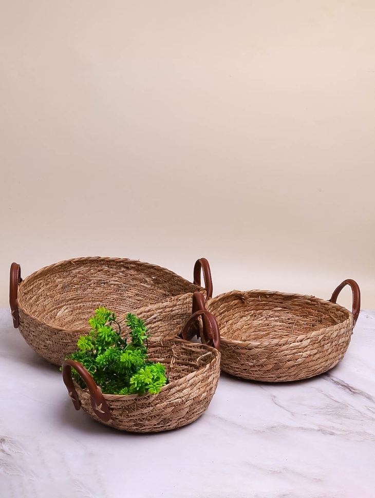Корзина плетеная (тувейка) 3шт 28х28х9см с кож ручами натуральный