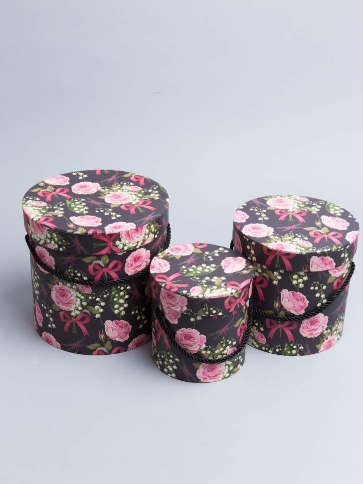 Коробка цилиндр набор из  3шт. 18х17,2см W15388-12 розы на чёрном