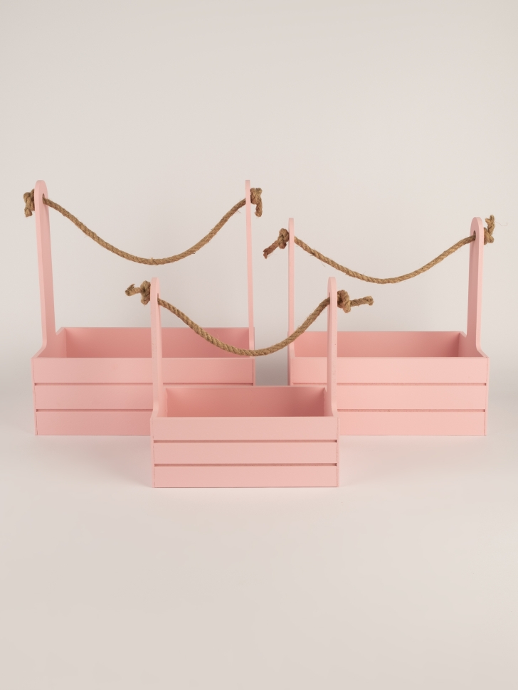Ящик реечный с веревочной ручкой набор из 3шт h29х18х33см розовый