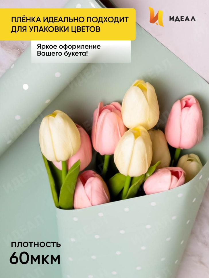Пленка матовая 60мкм 58см х 10м РЦ горошек белый на фисташковом Пленка матовая 60мкм 58см х 10м РЦ горошек белый на фисташковом