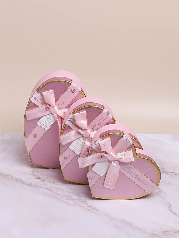 Коробка Сердце набор из 3шт 22х20х9см золотая окантовка розовый