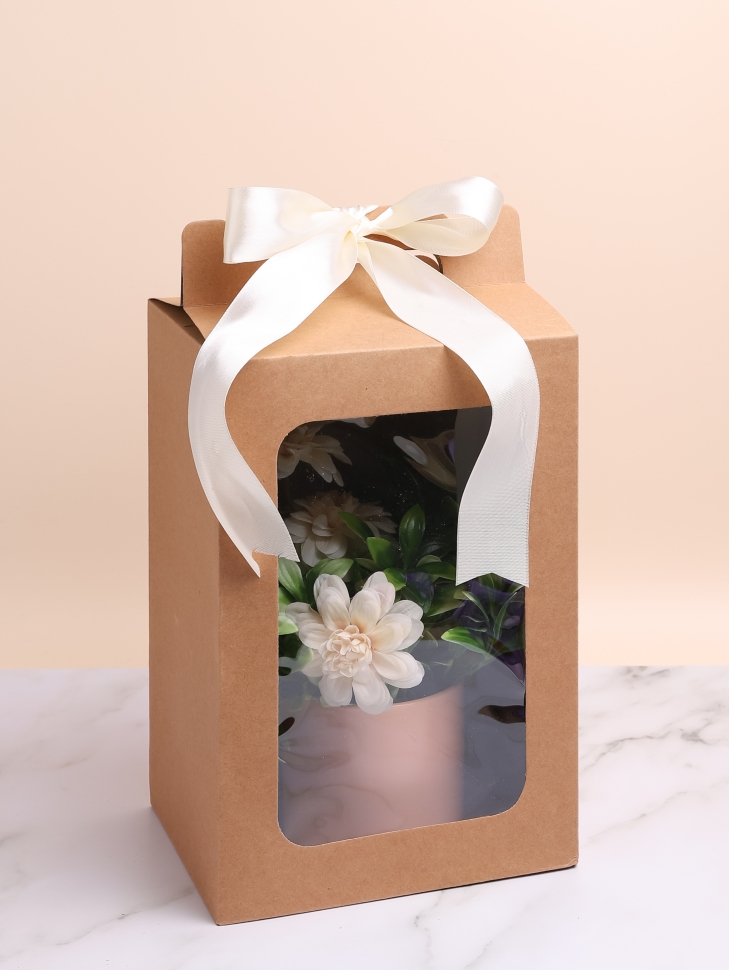 Коробка для цветов Прямоугольник 30х20х16см с прозрачным окном крафт Коробка для цветов Прямоугольник 30х20х16см с прозрачным окном крафт