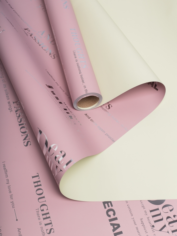 Пленка матовая  65мкм 58см х 10м РЦ с серебряными надписями розовый пыльный/фисташк кат.2