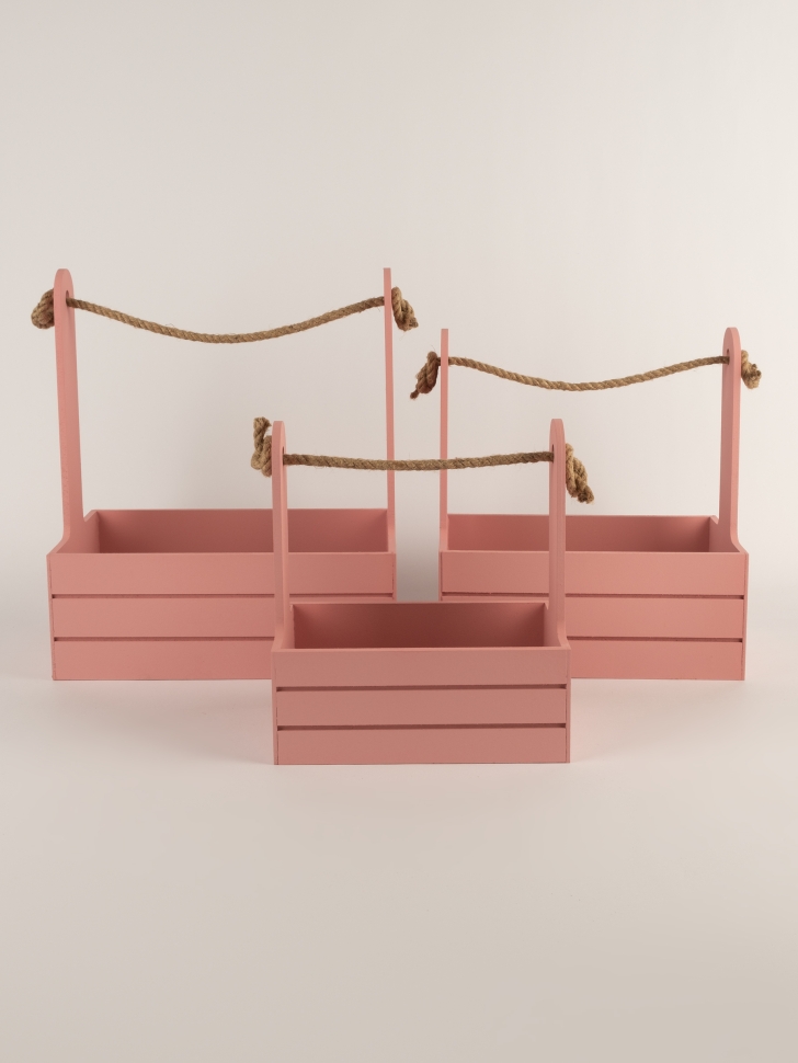 Ящик реечный с веревочной ручкой набор из 3шт h29х18х33см розовый коралл