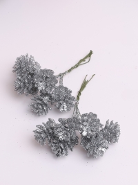 Шишки на проволоке с глиттером 12шт 2,2х2,2х9см К серебро