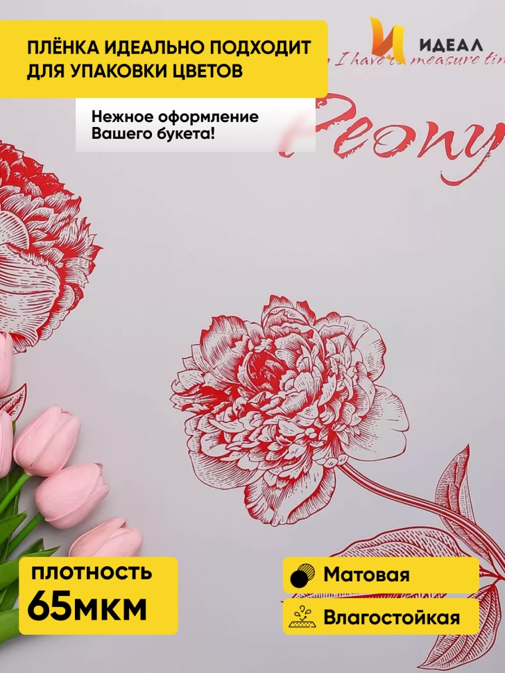 Пленка матовая  65мкм 58см х 10м РЦ Пионы на сером красный