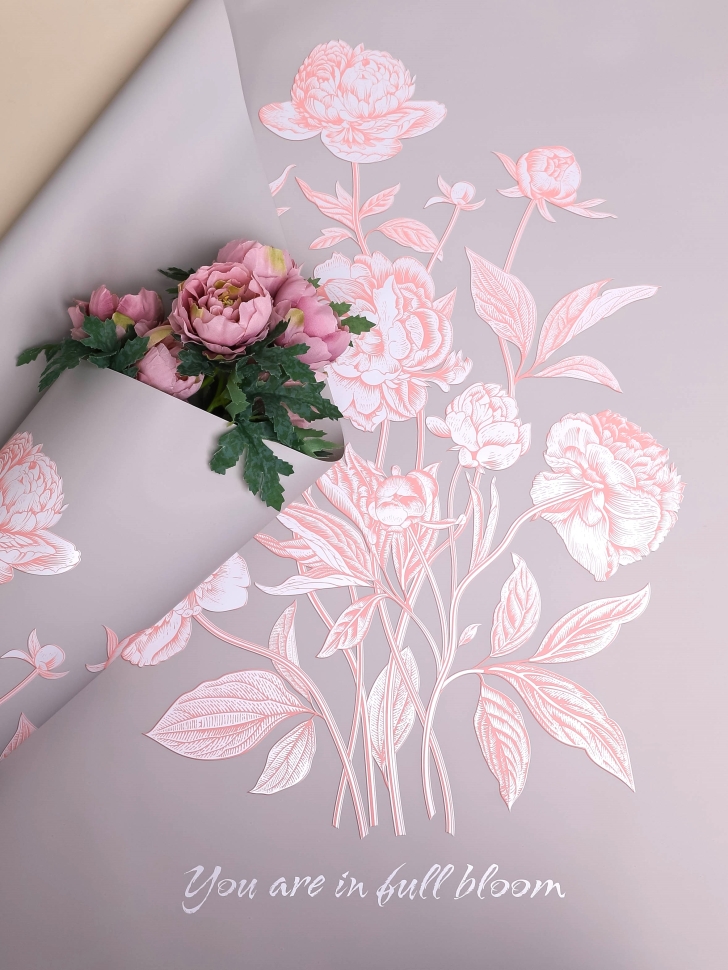 Пленка матовая  65мкм 58см х 10м РЦ Букет на сером розовый