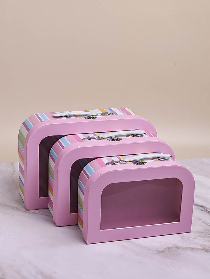 Коробка чемодан набор из 3шт 29,5x19x10см с прозрачным окном  полоски розовый