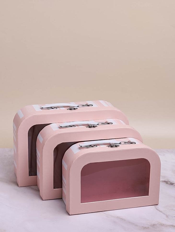 Коробка чемодан набор из 3шт 29,5x19x10см с прозрачным окном полоски персиковый Коробка чемодан набор из 3шт 29,5x19x10см с прозрачным окном полоски персиковый