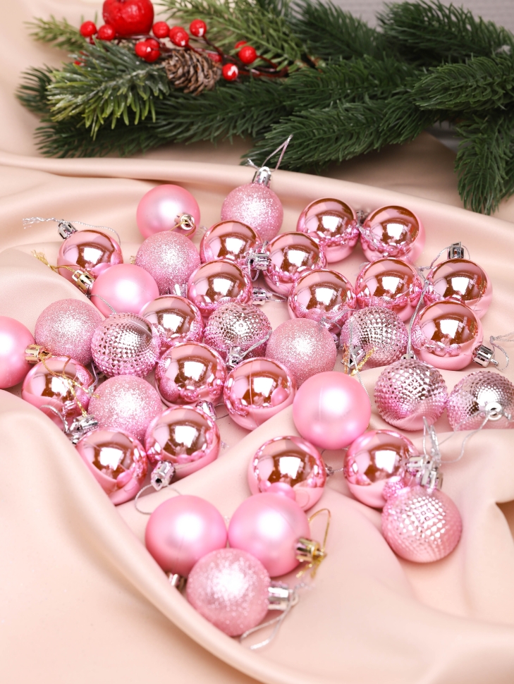 Игрушка елочная Шар d4см набор 36 шт пластик розовый Игрушка елочная Шар d4см набор 36 шт пластик розовый