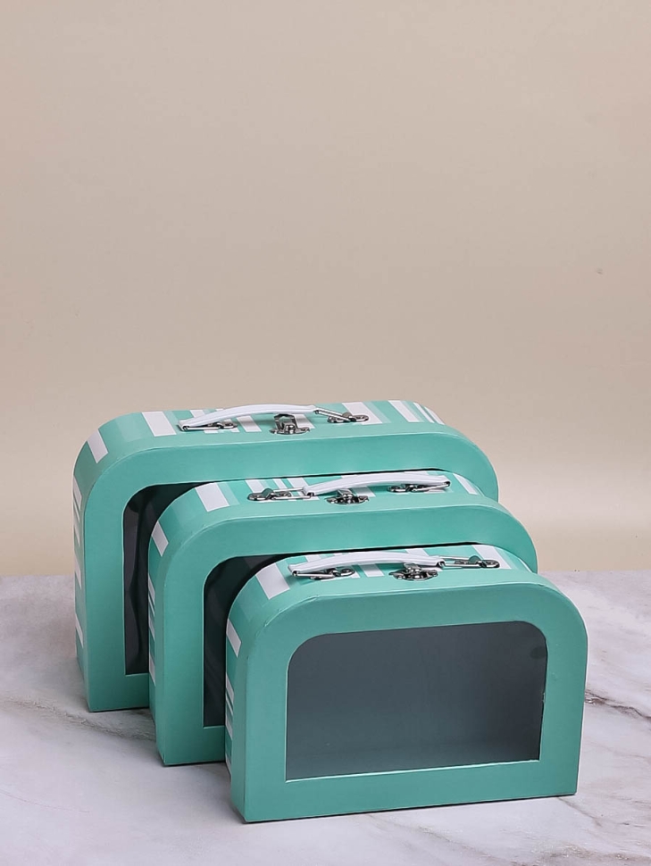 Коробка чемодан набор из 3шт 29,5x19x10см с прозрачным окном полоски зеленый Коробка чемодан набор из 3шт 29,5x19x10см с прозрачным окном полоски зеленый