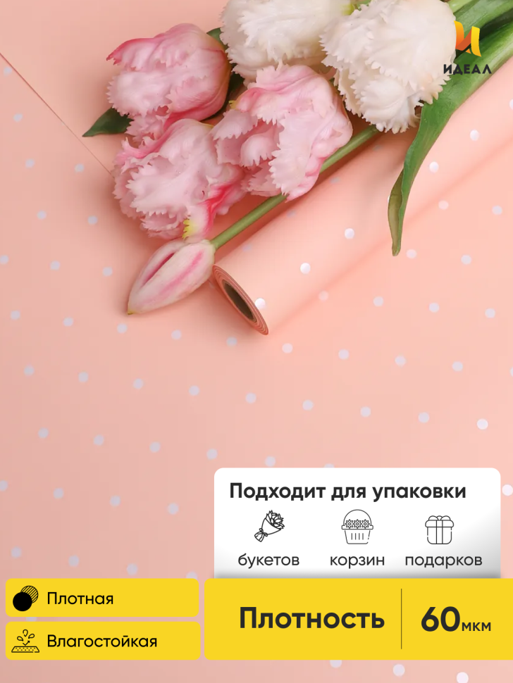 Пленка матовая 60мкм 58см х 10м горошек белый на кремовом