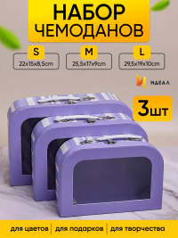 Коробка чемодан набор из 3шт 29,5x19x10см с прозрачным окном  полоски фиолетовый