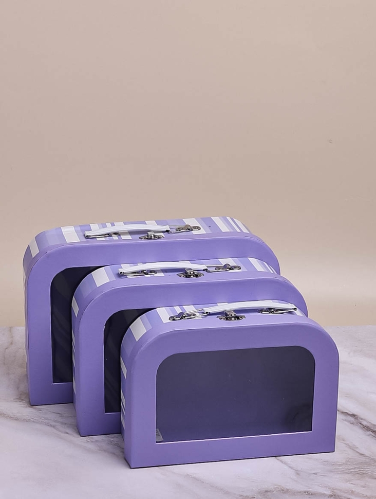 Коробка чемодан набор из 3шт 29,5x19x10см с прозрачным окном  полоски фиолетовый