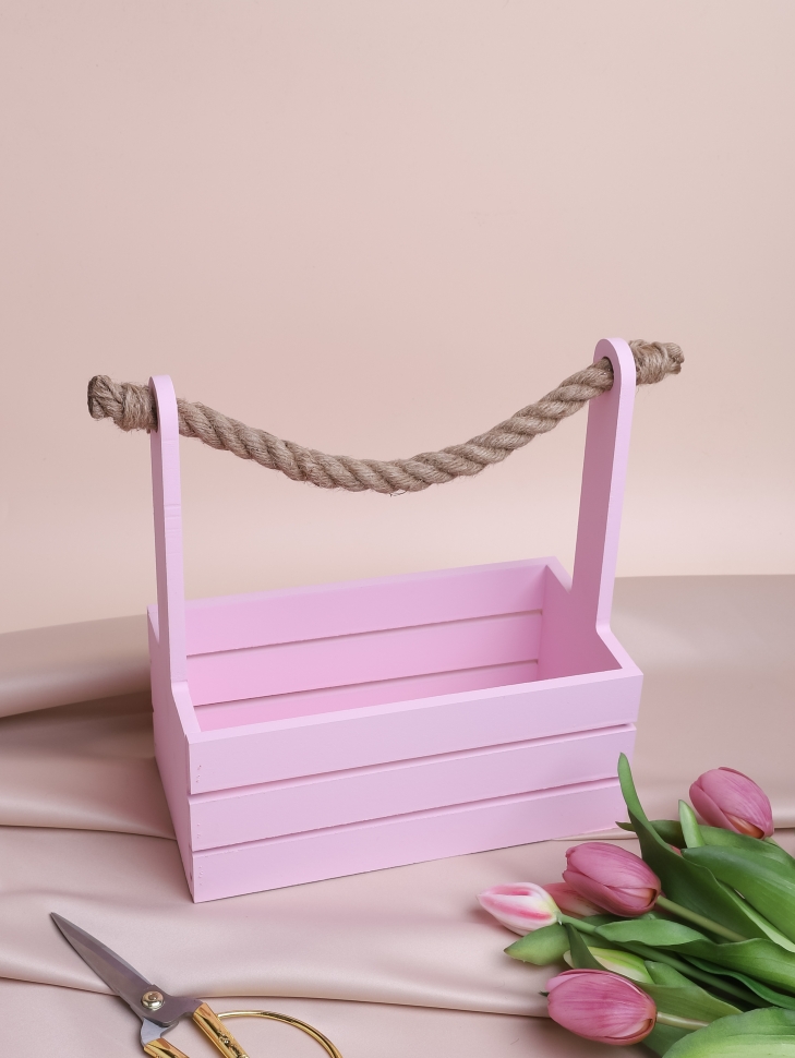 Ящик деревянный с канатом №20 25,5х13хh11 h27см розовый