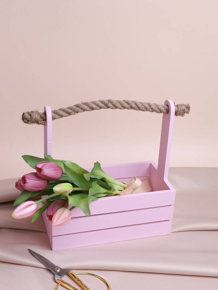 Ящик деревянный с канатом №20 25,5х13хh11 h27см розовый