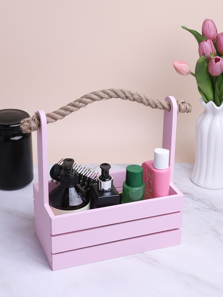 Ящик деревянный с канатом №20 25,5х13хh11 h27см розовый