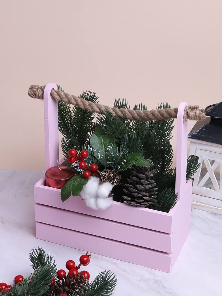 Ящик деревянный с канатом №20 25,5х13хh11 h27см розовый