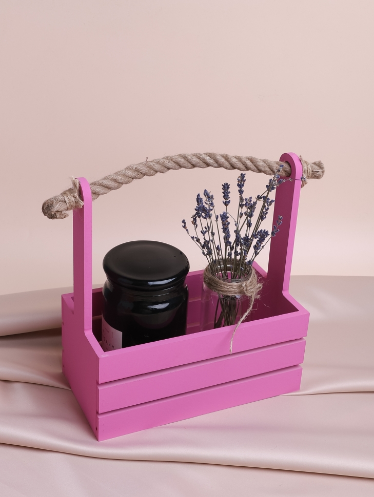 Ящик деревянный с канатом №20 25,5х13хh11 h27см фуксия