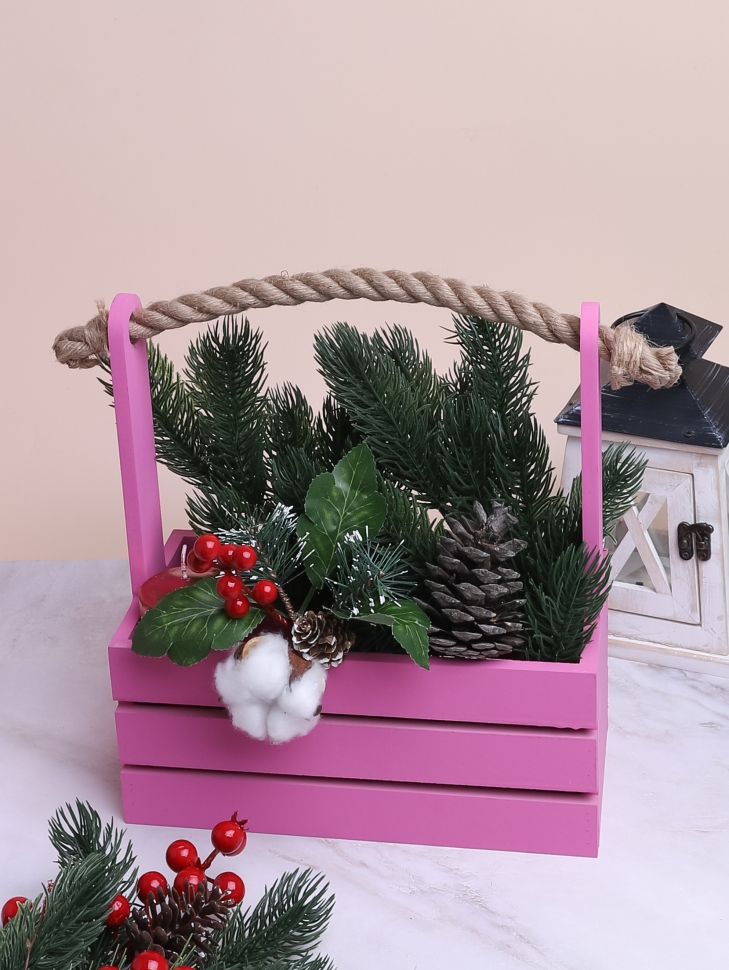 Ящик деревянный с канатом №20 25,5х13хh11 h27см фуксия