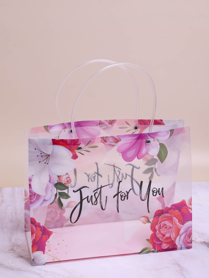 Сумочка пластик для цветов 27х21х11см прозрачный 755 цветы розовый