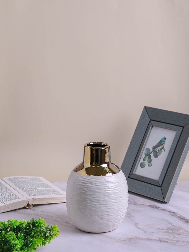 Ваза керамика 22х6х5см CN230425-24-66 золотое горлышко белый