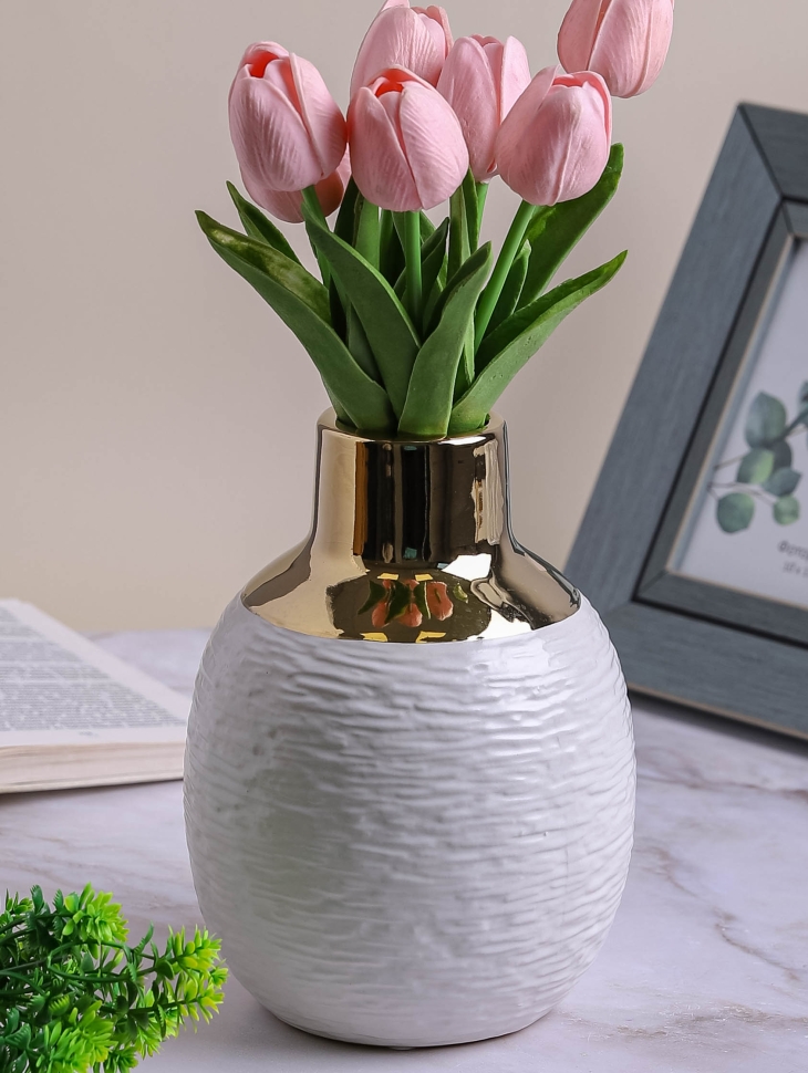 Ваза керамика 22х6х5см CN230425-24-66 золотое горлышко белый