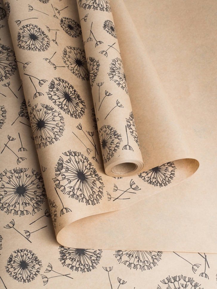 Бумага крафт 70г/м2, 70см x 10м, Одуванчики черный
