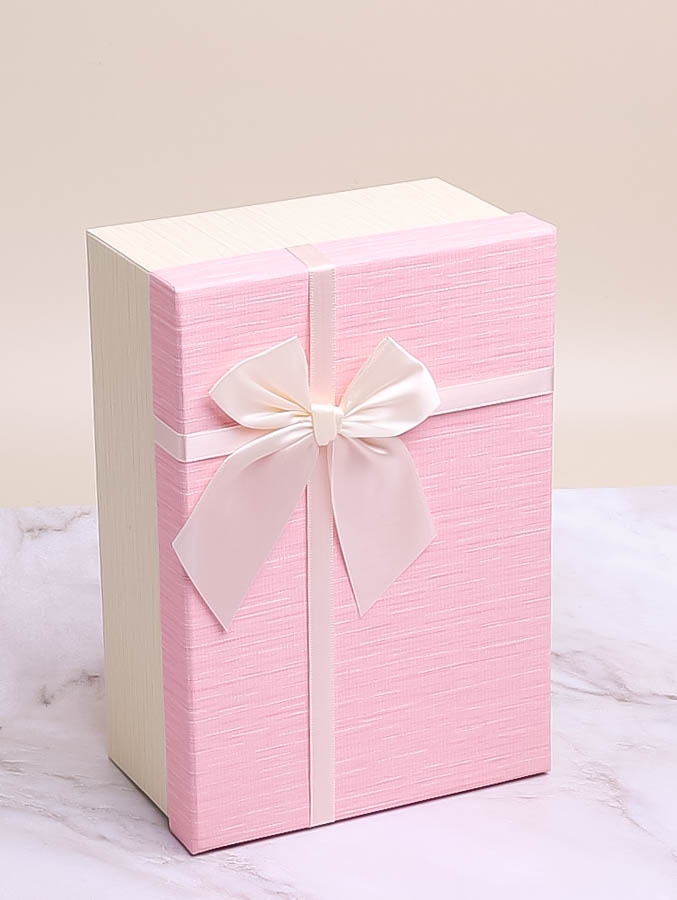 Коробка прямоугольник 23х16х9,8см крышка розовая, бант белый