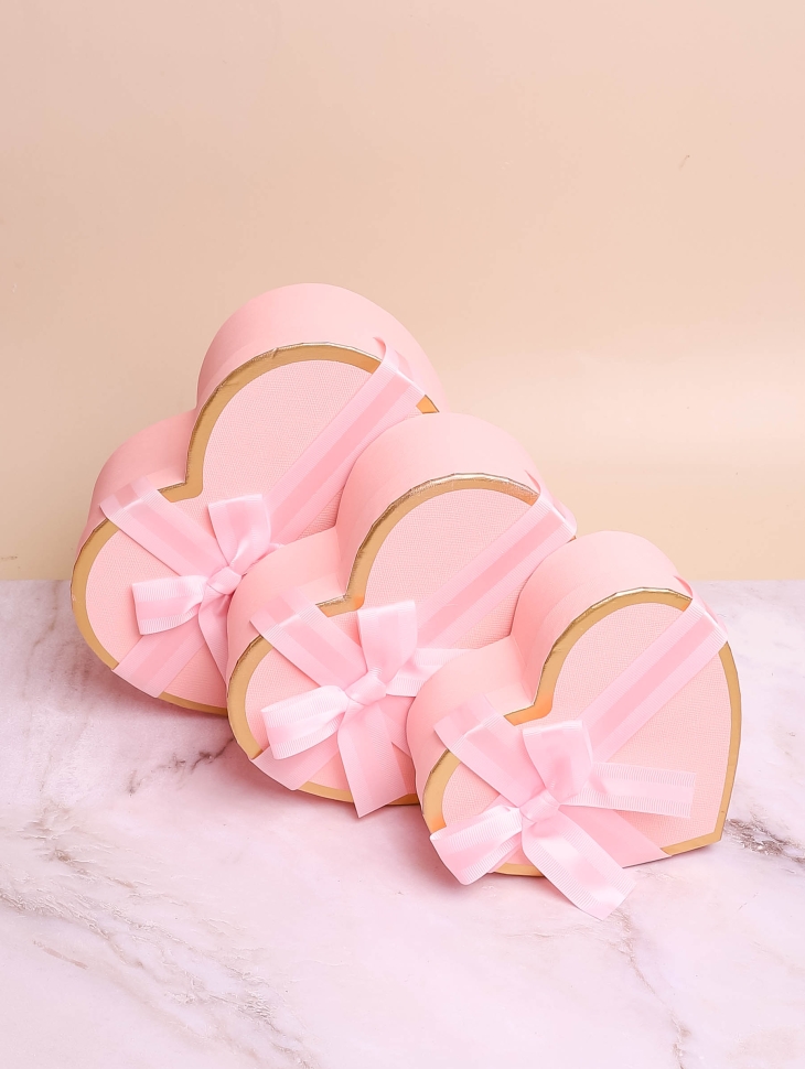 Коробка Сердце набор из 3шт 22х20х9см золотая кайма с бантом розовый