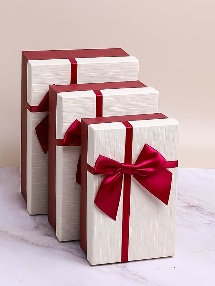 Коробка прямоугольник набор из  3шт 23х16х9,8см крышка белая, бант винный