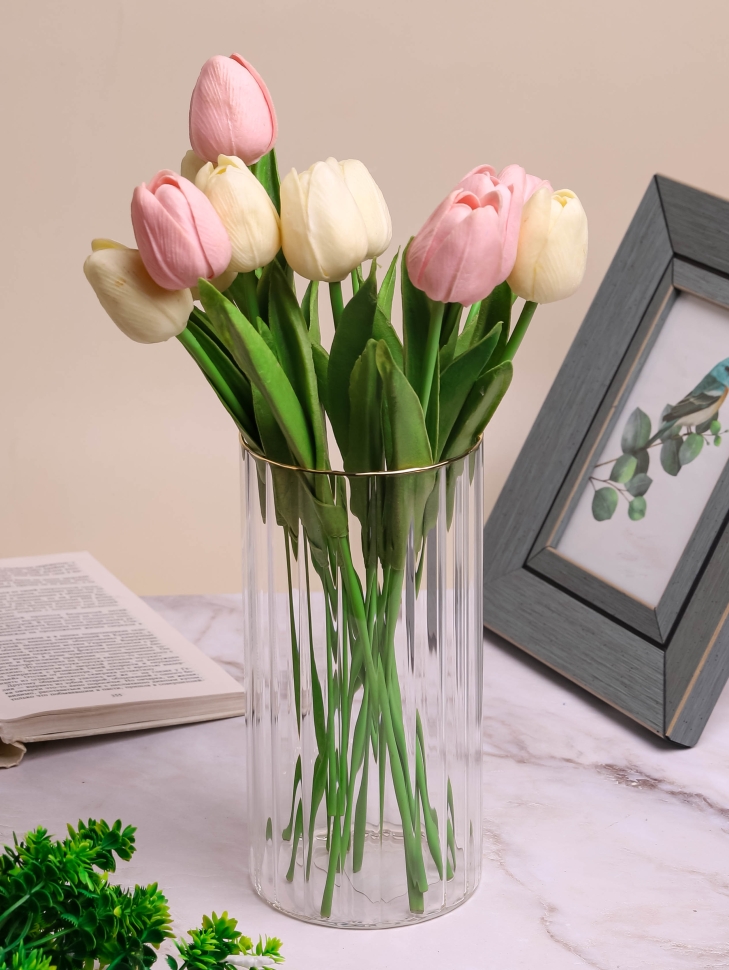 Ваза стекло Трубка H20 D10см К рельефная полоса/золотой кант Ваза стекло Трубка H20 D10см К рельефная полоса/золотой кант