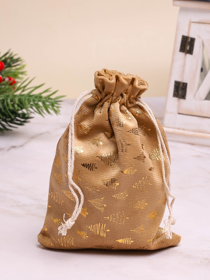 Мешок подарочный НГ велюр 12х17см Елочки золото