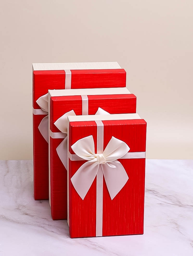 Коробка прямоугольник набор из  3шт 23х16х9,8см крышка красная, бант белый