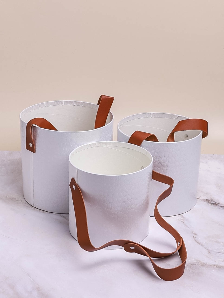 Коробка цилиндр набор из  3шт d18хh17см с ремешком б/крышки белый