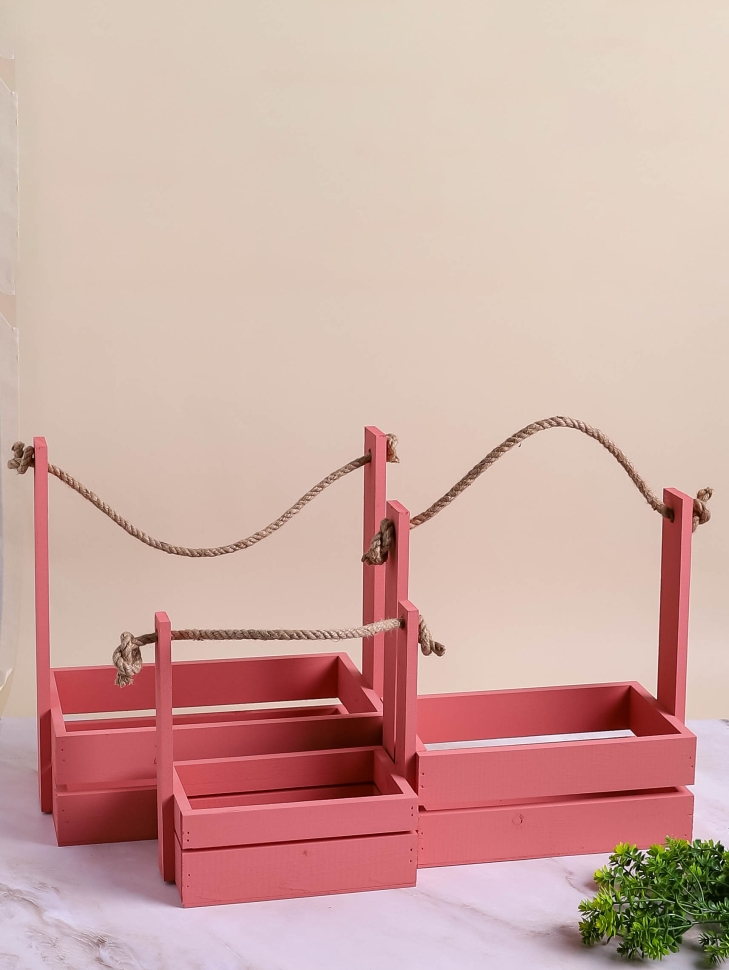 Ящик реечный с веревочной ручкой набор из 3шт h30.5х18.7х35,3см коралл