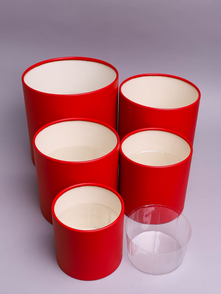 Коробка цилиндр набор из 5шт К d21хh21 - d12хh12см б/крышки красный Коробка цилиндр набор из 5шт К d21хh21 - d12хh12см б/крышки красный