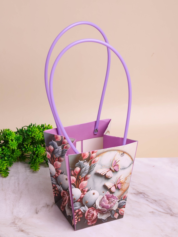 Сумочка для цветов трапеция H15,5х13х9,5см цветы/бабочки 52